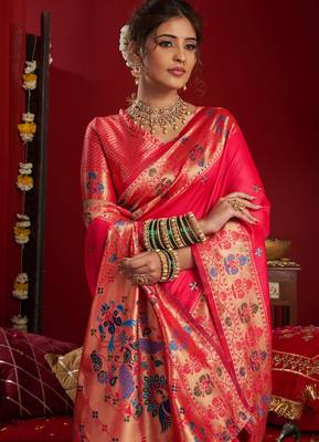 Women cerise pink butti motifs silk blend blend saree 5