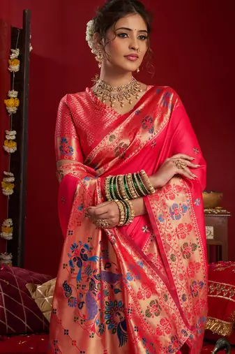 Women cerise pink butti motifs silk blend saree