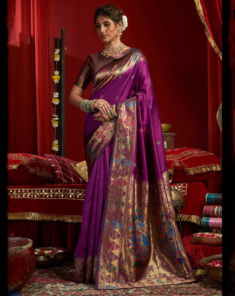 Women wine butti motifs silk blend saree