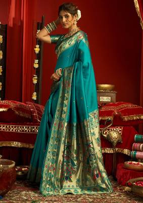 Women teal blue butti motifs silk blend blend saree 2