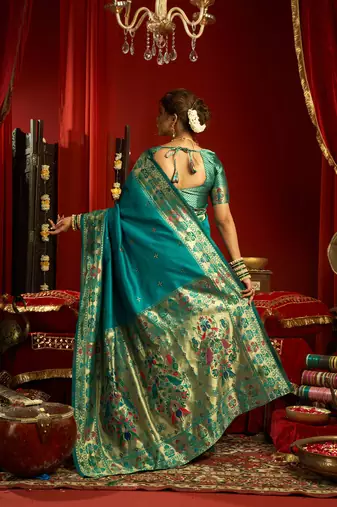 Women teal blue butti motifs silk blend saree