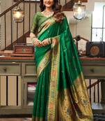 Women green peacock motifs silk blend saree