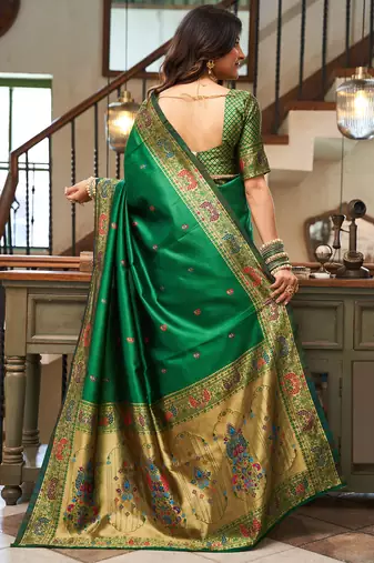 Women green peacock motifs silk blend saree