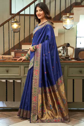 Women navy blue peacock motifs silk blend saree