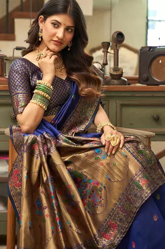 Women navy blue peacock motifs silk blend saree