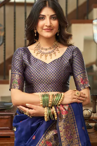 Women navy blue peacock motifs silk blend saree