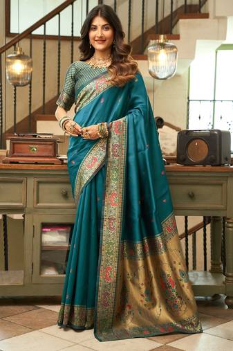 Women dark teal peacock motifs silk blend saree