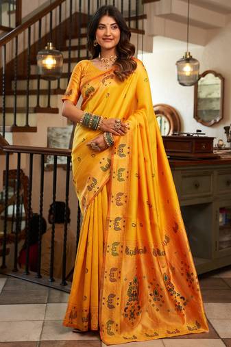 Women orange peacock motifs silk blend saree