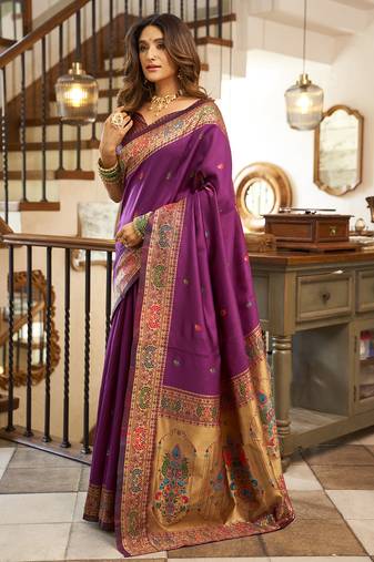 Women purple peacock motifs silk blend saree