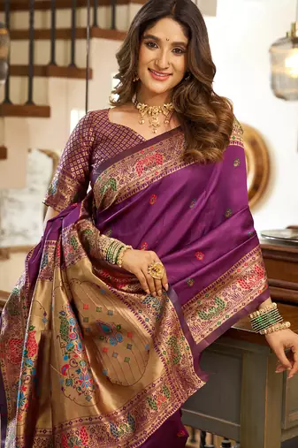 Women purple peacock motifs silk blend saree
