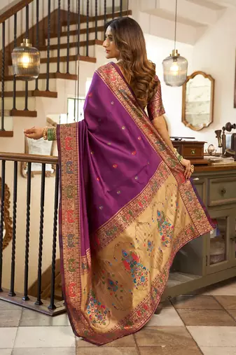 Women purple peacock motifs silk blend saree