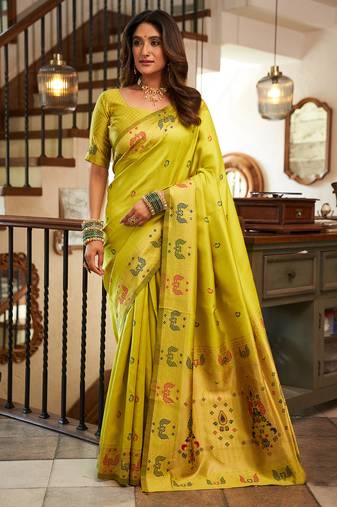Women lime green peacock motifs silk blend saree