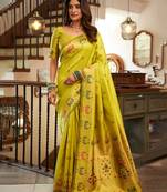 Women lime green peacock motifs silk blend blend saree