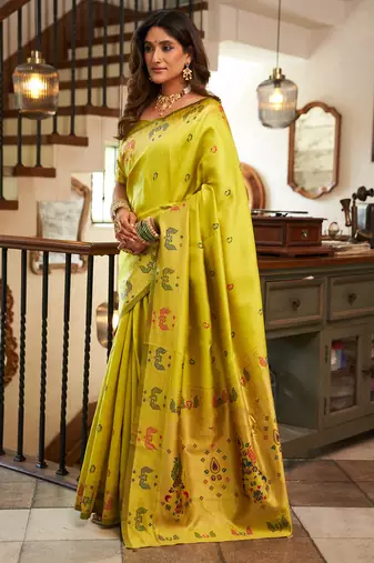 Women lime green peacock motifs silk blend saree