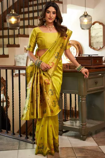 Women lime green peacock motifs silk blend saree