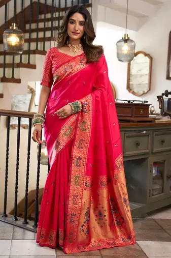 Women cerise pink peacock motifs silk blend saree