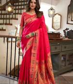 Women cerise pink peacock motifs silk blend saree
