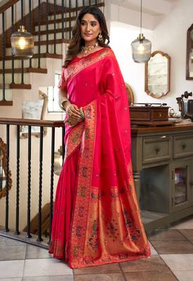 Women cerise pink peacock motifs silk blend blend saree 2