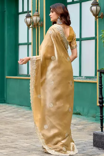 Women beige geomatric shimmer chiffon saree