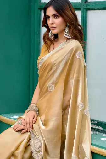Women beige geomatric shimmer chiffon saree