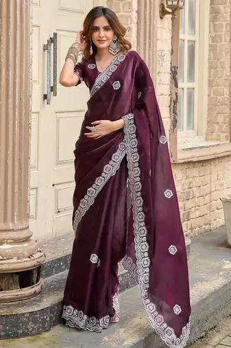 Women wine geomatric shimmer chiffon saree