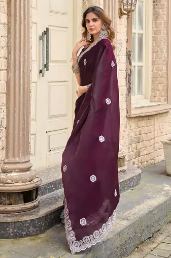 Women wine geomatric shimmer chiffon saree