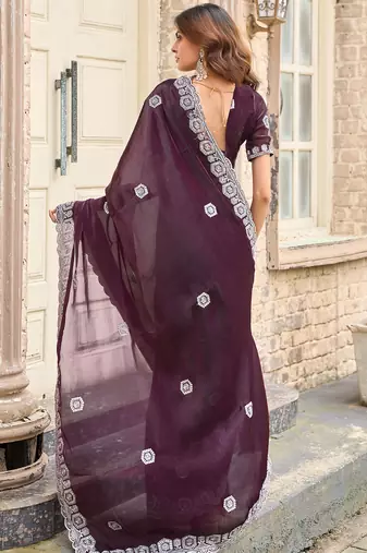 Women wine geomatric shimmer chiffon saree