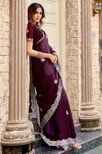 Women wine geomatric shimmer chiffon saree