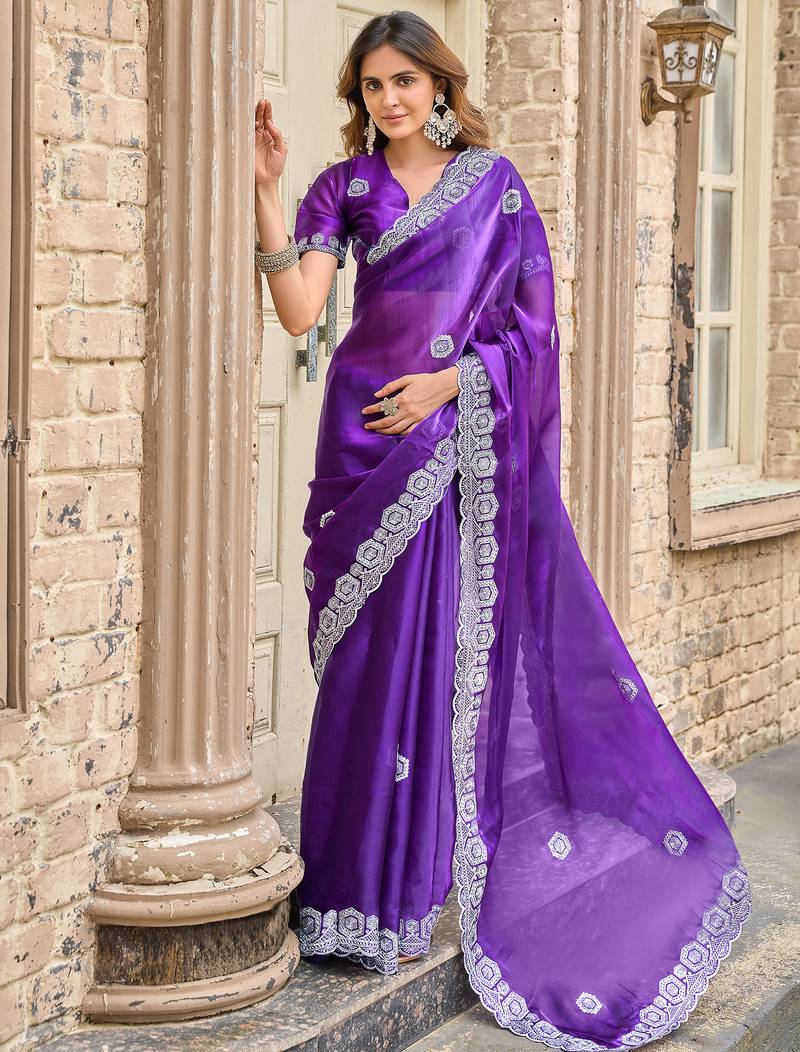 Women violet geomatric shimmer chiffon saree
