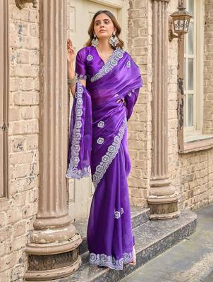 Women violet geomatric shimmer chiffon saree 2