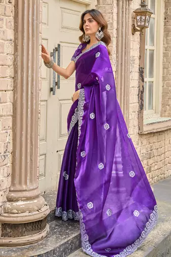 Women violet geomatric shimmer chiffon saree