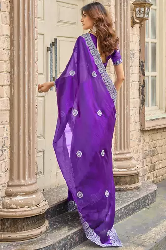 Women violet geomatric shimmer chiffon saree