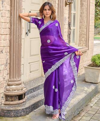 Women violet geomatric shimmer chiffon saree 5