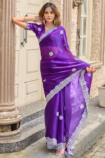 Women violet geomatric shimmer chiffon saree
