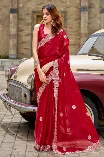 Women red geomatric shimmer chiffon saree