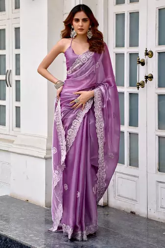 Women lavender geomatric shimmer chiffon saree