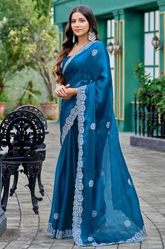 Women teal blue geomatric shimmer chiffon saree
