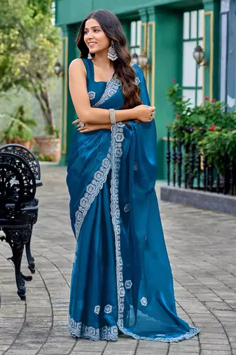 Women teal blue geomatric shimmer chiffon saree