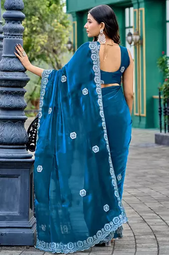 Women teal blue geomatric shimmer chiffon saree