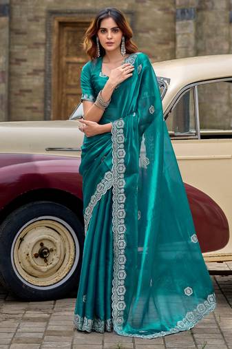 Women teal geomatric shimmer chiffon saree