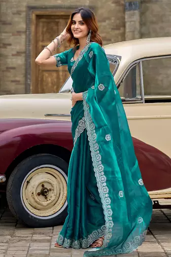 Women teal geomatric shimmer chiffon saree