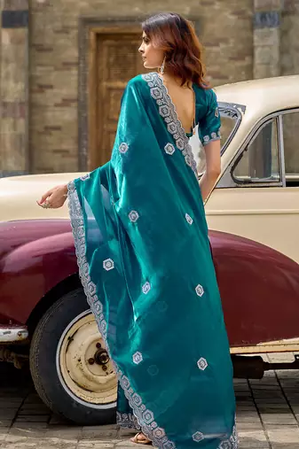 Women teal geomatric shimmer chiffon saree