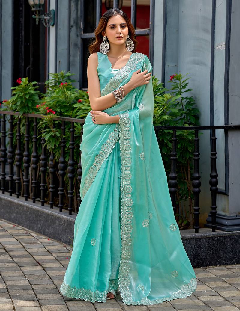 Women sky blue geomatric shimmer chiffon saree