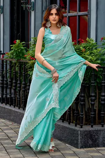 Women sky blue geomatric shimmer chiffon saree