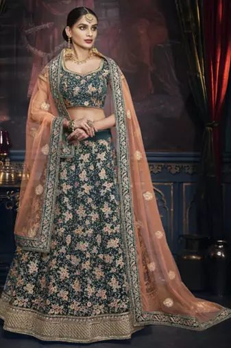 Pure Micro Velvet Wedding Lehenga in Green color With Embroidery & Crystals Stone Work
