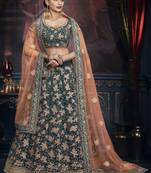 Pure Micro Velvet Wedding Lehenga in Green color With Embroidery & Crystals Stone Work