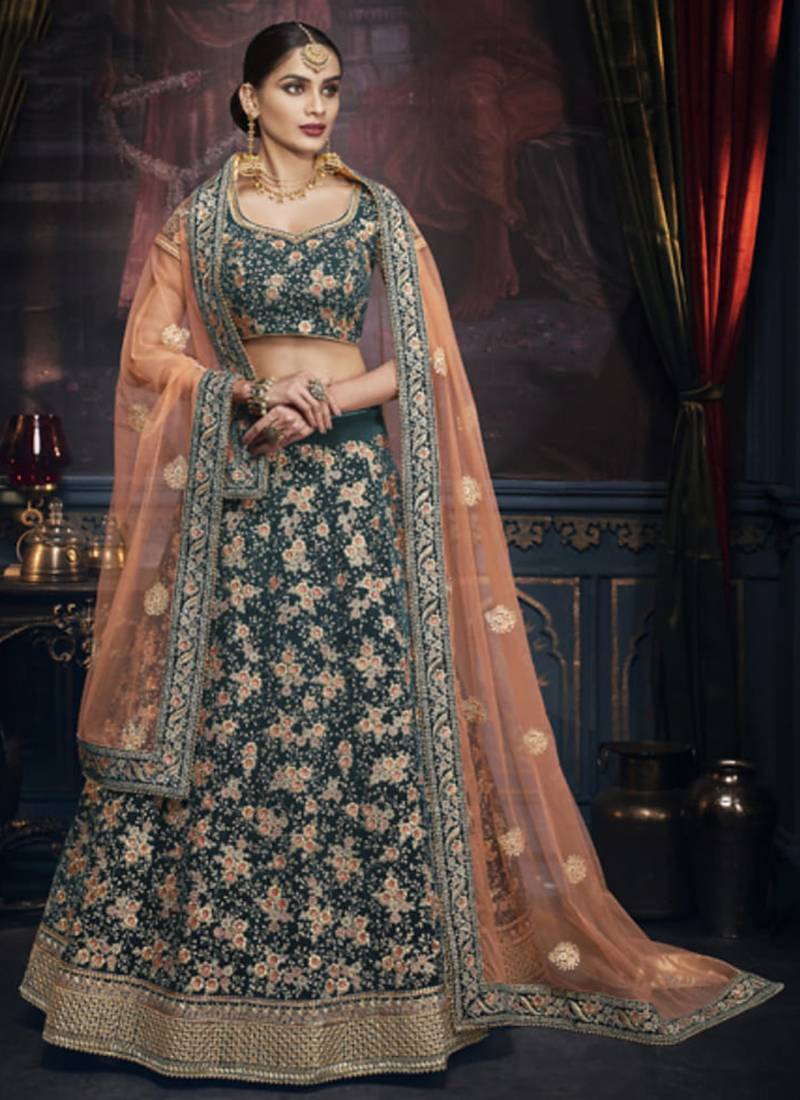 Pure Micro Velvet Wedding Lehenga in Green color With Embroidery & Crystals Stone Work