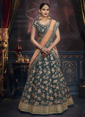 Pure Micro Velvet Wedding Lehenga in Green color With Embroidery & Crystals Stone Work 2