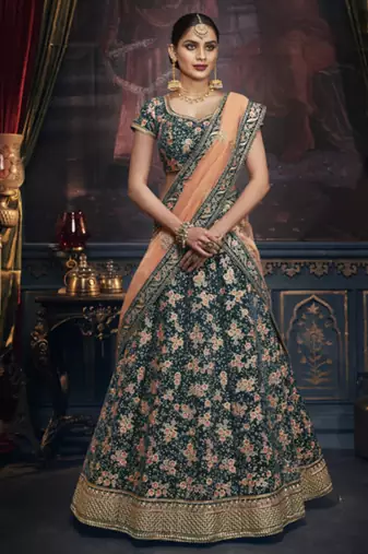 Pure Micro Velvet Wedding Lehenga in Green color With Embroidery & Crystals Stone Work
