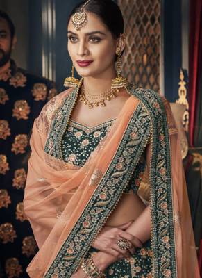 Pure Micro Velvet Wedding Lehenga in Green color With Embroidery & Crystals Stone Work 3